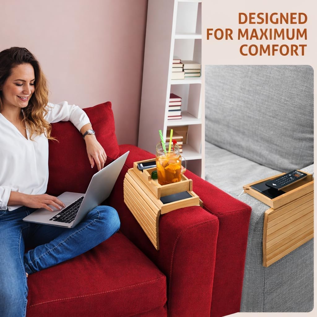 Bamboo Sofa Armrest Tray -with Detachable Cup Holder, Fits Arms up to 6 Inches Wide - Foldable Non-Slip Bamboo Sofa Arm Tray Table for Remote, Cell-Phone & Drinks, Snacks – Space-Saving, 17.7"x12.8"