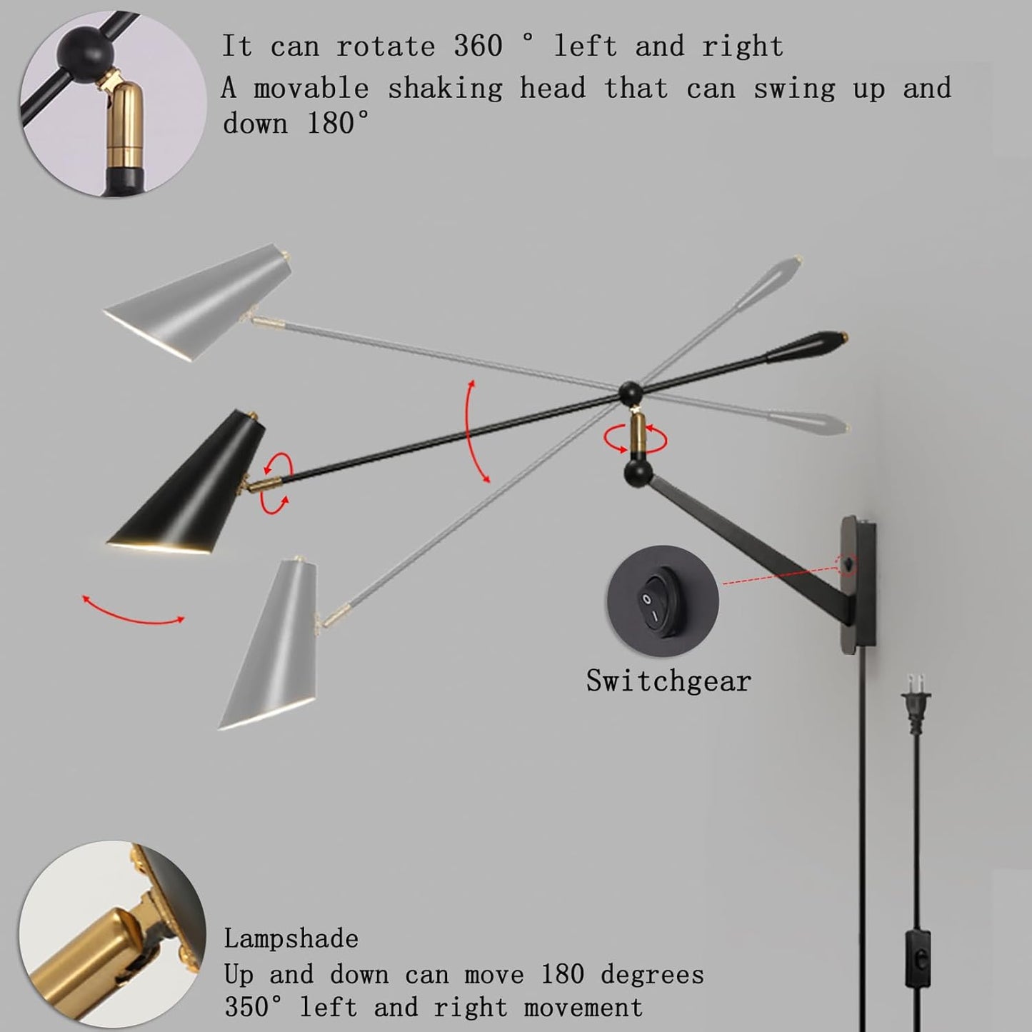 Adjustable Swing Arm Wall Sconce - 360° Rotation & Dual Power Modes (Plug-in/Hardwired), Vintage Industrial Wall Mounted Light with Matte Black Finish, E26 Bulb Compatible for Living Room & Bedroom