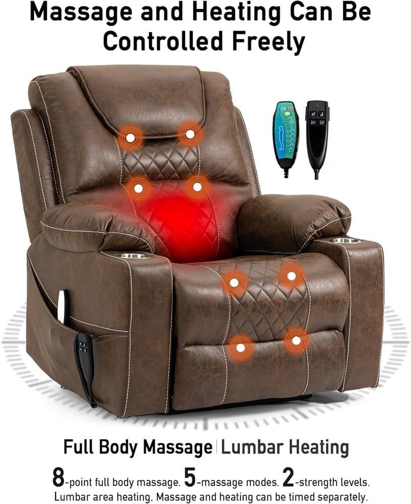 Dual Motor Power Lift Recliner Chair for Elderly with Massage Lumbar Heating Lay Flat Adjustable Functional Reclining Chair with Cup Holders Comfortable Leather Lift Chair
