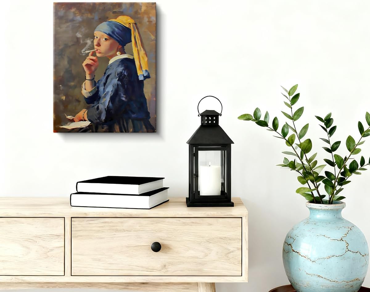 WOXZQ Girl With A Pearl Earring Canvas Wall Art Humorous Smoking Portrait Wall Decor Aesthetic Oil Painting for Bedroom Bathroom Living Room Decor 8x10 Inch
