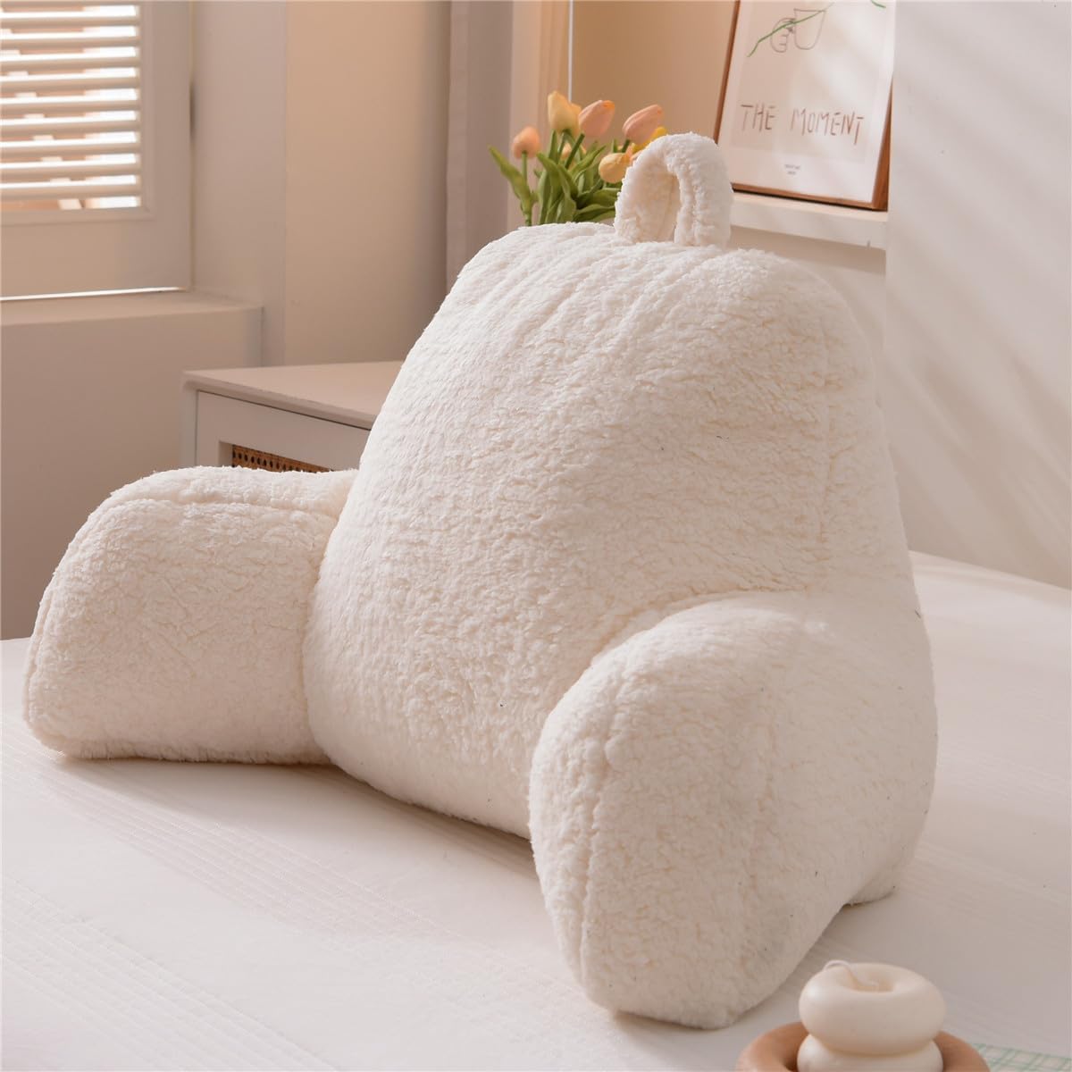 NTBED Sherpa Reading Pillow for Bed Backrest with Arms, Kids Adult Bedrest Pillow Back Support for Sitting Up in Bed Chair Pillow (White,Large)