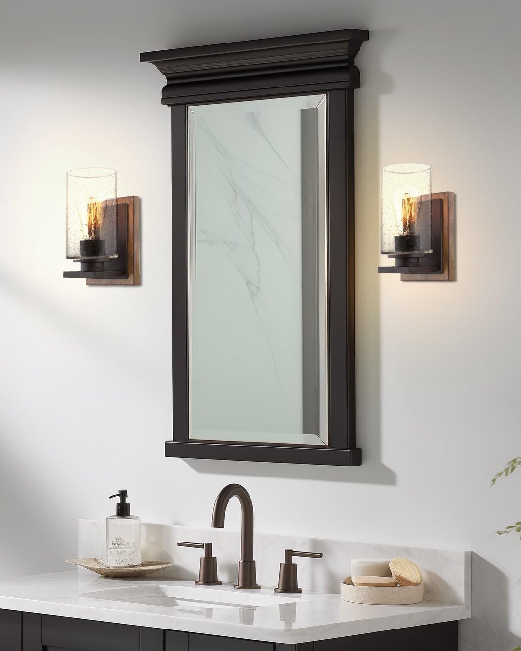 Kira Home Sedona 9" Modern Rustic Wall Sconce + Seeded Glass Cylinder Shade, Oil Rubbed Bronze + Wood Style Walnut Finish