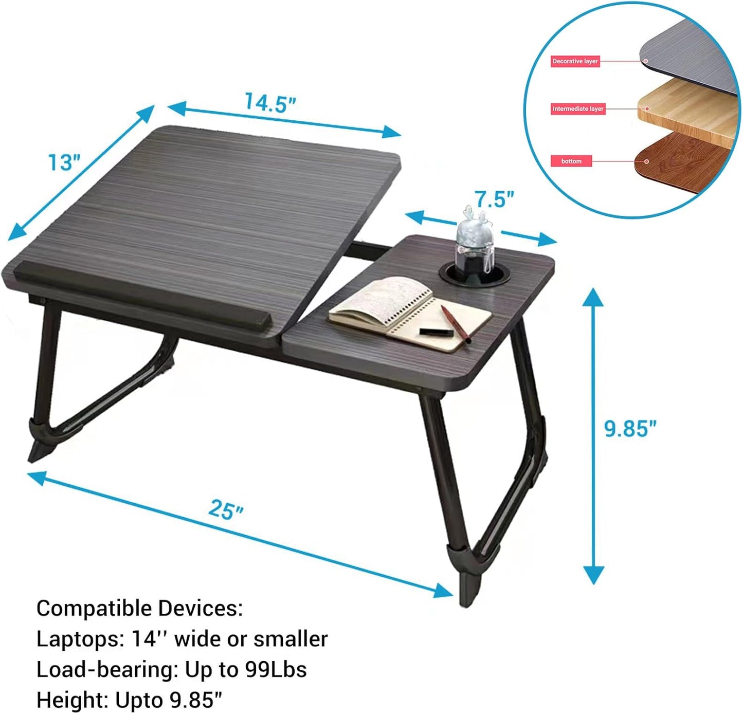 CloudTrip Laptop Desk for Bed or Couch, Lap Desk, Woking in Bed Desk, Home Office Desks, Breakfast Tray, Desk with Cup Holder, Watching Movies in Bed, Laptop Stand for Bed, Fordable Legs Desk (Black)