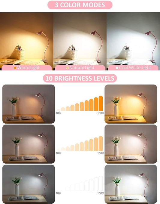 Clip on Light, Eye Care Reading Lights for Books in Bed 3 Color Modes & 10 Brightness Clip on Lamp Reading Book in Bed with Auto Timer, Reading Light for Bed Headboard Desk Bedside Dorm - Pink