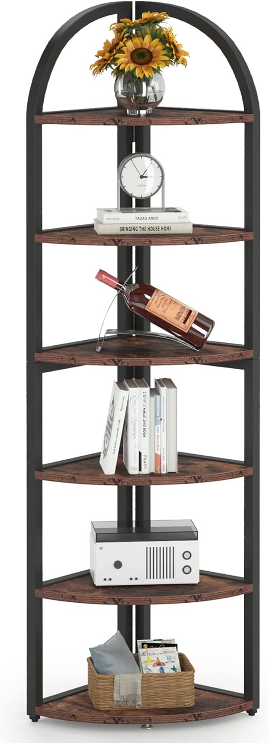 LITTLE TREE 6-Tier Corner Shelf Stand, Freestanding Corner Bookshelf with Adjustable Feet, Rustic Brown Storage Rack for Living Room, Kitchen, Bedroom, Office