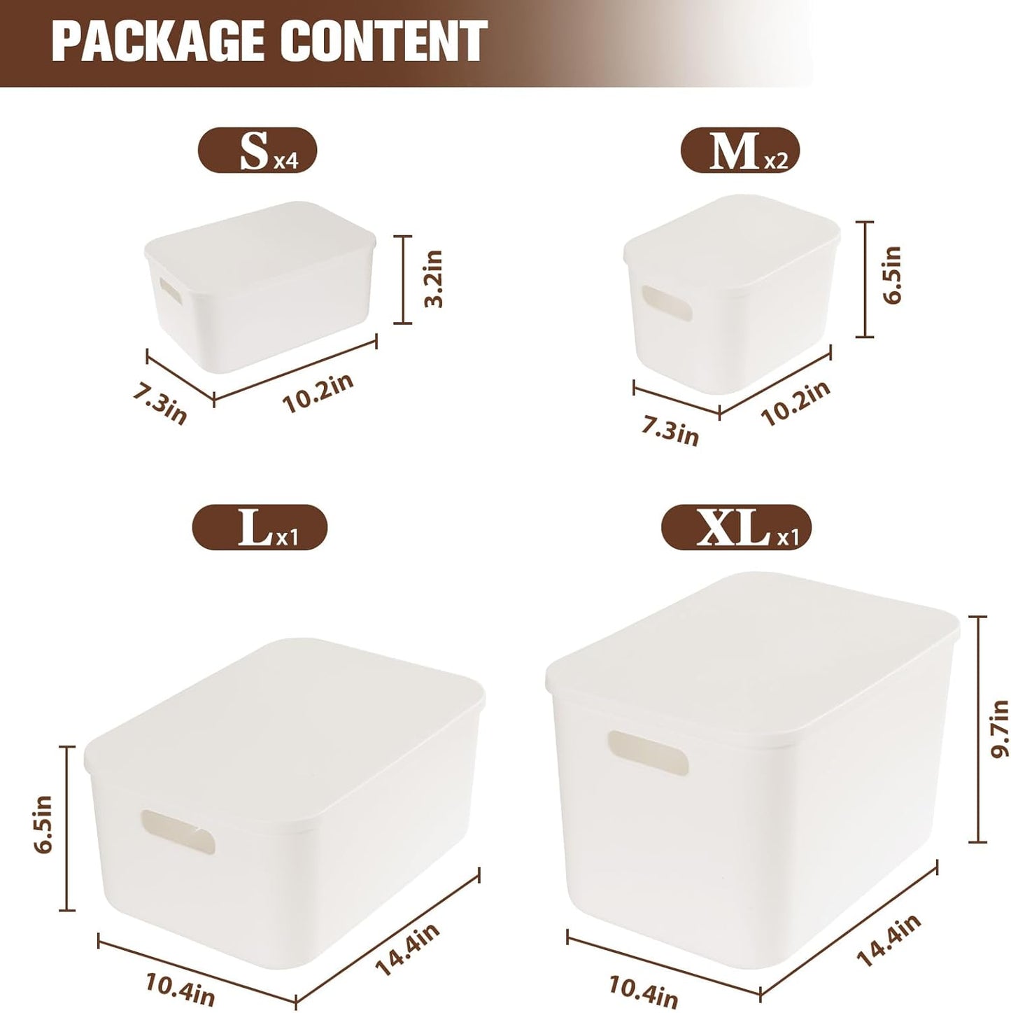 ANMINY 8PCS Plastic Storage Bins Containers with Lids, Large Storage Organization Bins Boxes, Lidded Plastic Storage Baskets for Closet Shelves Desktop, White Lids, 1XL + 1L + 2M + 4S