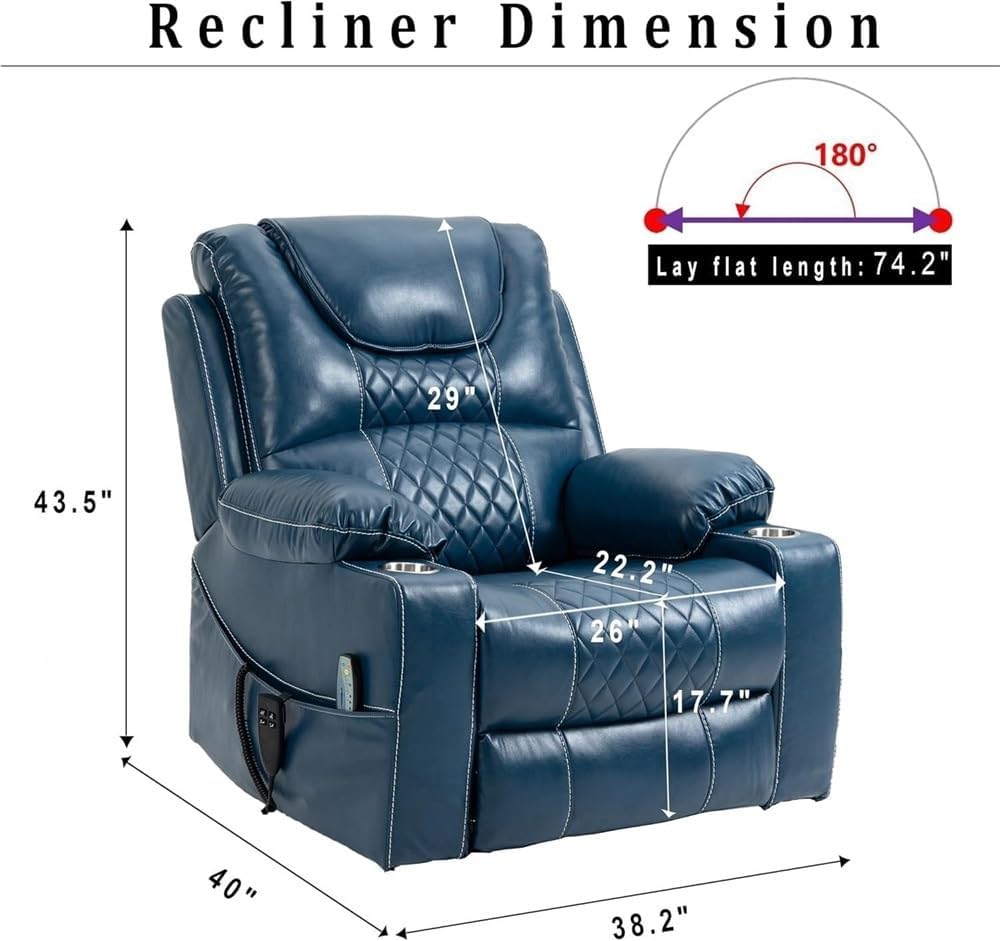 Large Power Lift Recliner Chair Sofa with Massage and Heat Infinite Positions Cup Holders Extended Footrest Side Pockets Electric Recliners Chairs for Home Theater