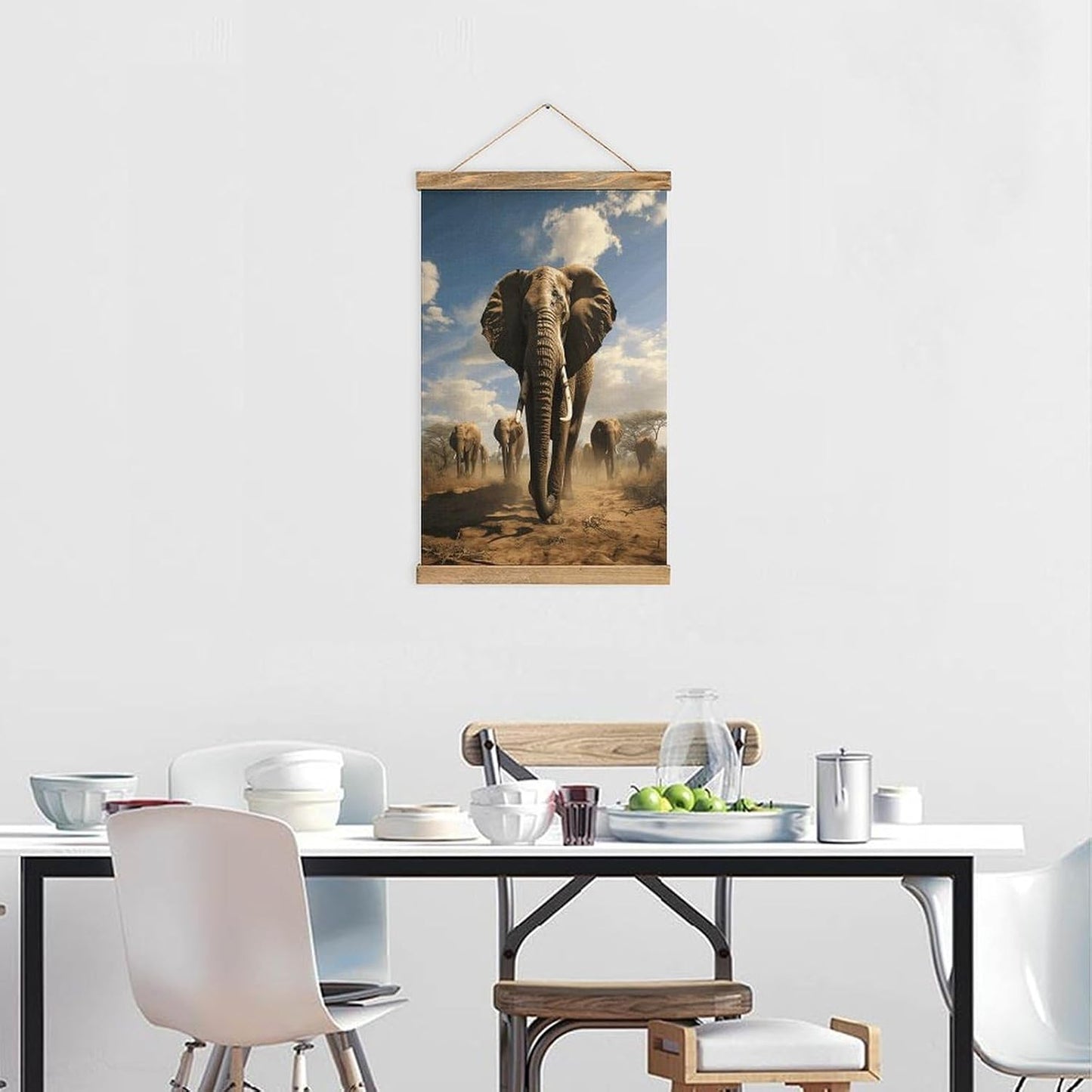 Vintage Ferocious Elephant Poster with Wooden Frame Personalized Linen Hanging Scroll Painting Rustic Wall Hanging Illustrative Modern Artwork Decor for Home Living Room Bedroom Office