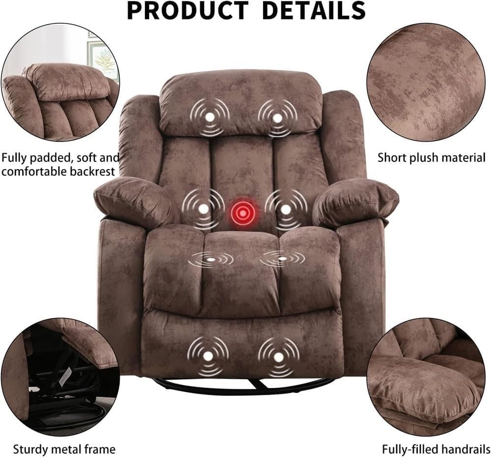 360 Swivel Rocker Recliner Chair for Adults Manual Rocking with Heat and Vibration Massage Ergonomic Living Room Sofa for Elderly