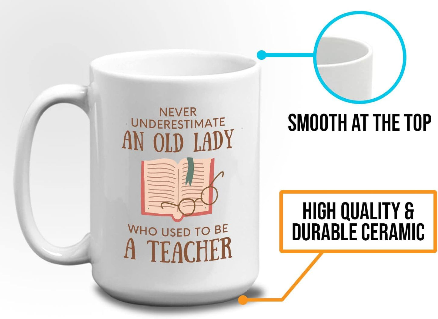 Bubble Hugs Book Lover Coffee Mug 15oz White - Never Underestimate Old Lady - Reading Reader Grandma Retired Teacher Book Lover Bookish Novelist Librarian Writer