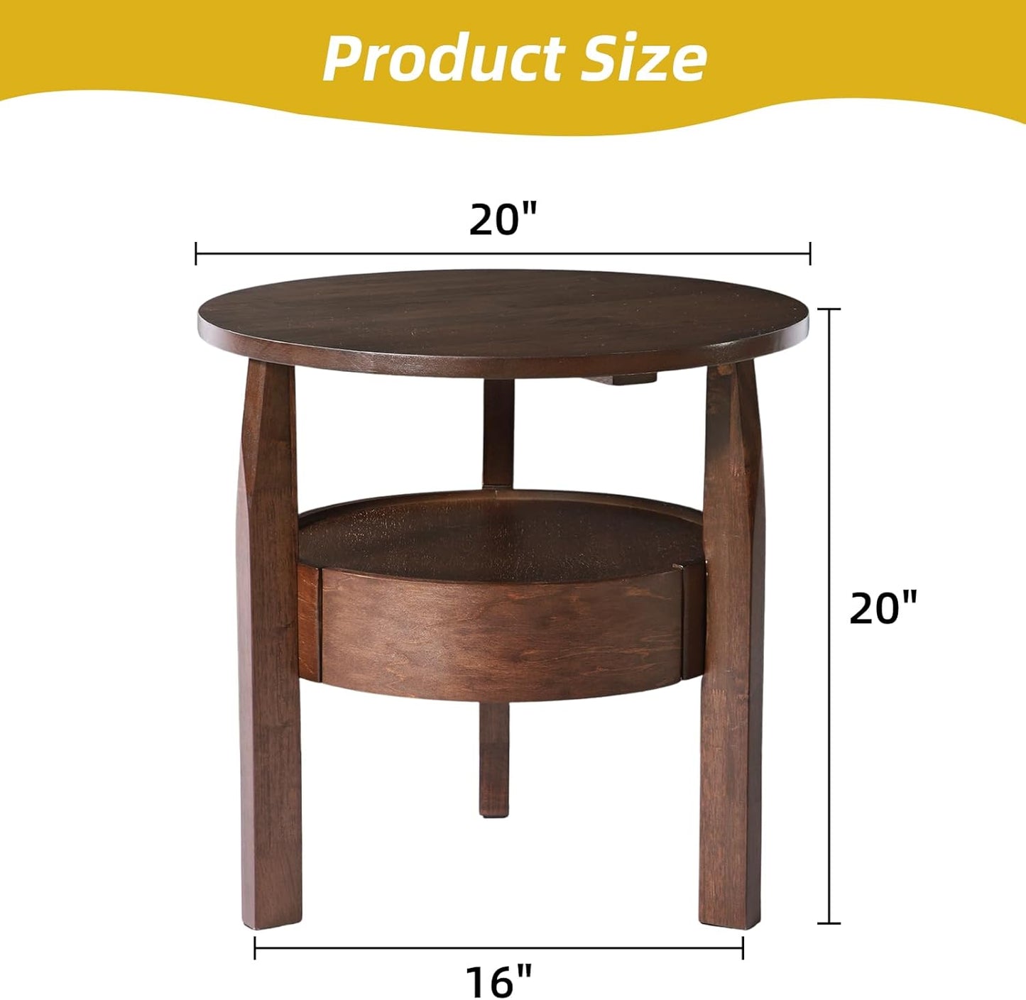 Round Coffee Table with Storage and Hidden Drawer - 20" D x 20" H Natural Wood Side Table with Sliding Drawer, Small Coffee Table for Living Room, Round Nightstand with Drawer, Dark Brown