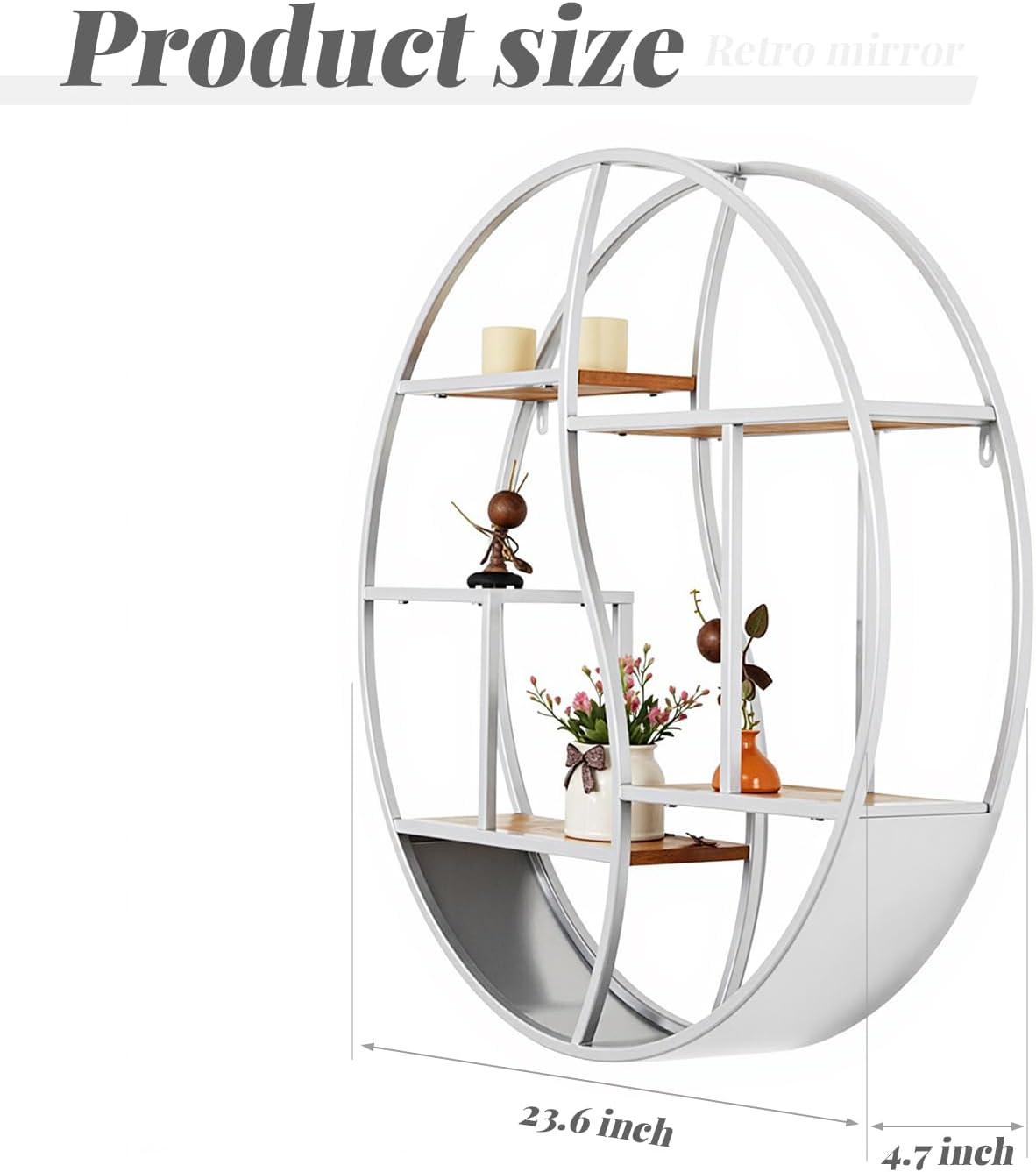 Round Wall Shelf,24 inch Metal Circle Shelf Wood Floating Shelves,Rustic Silver Wall Mounted Display Organizer Shelf for Fireplace,Living Room,Bathroom