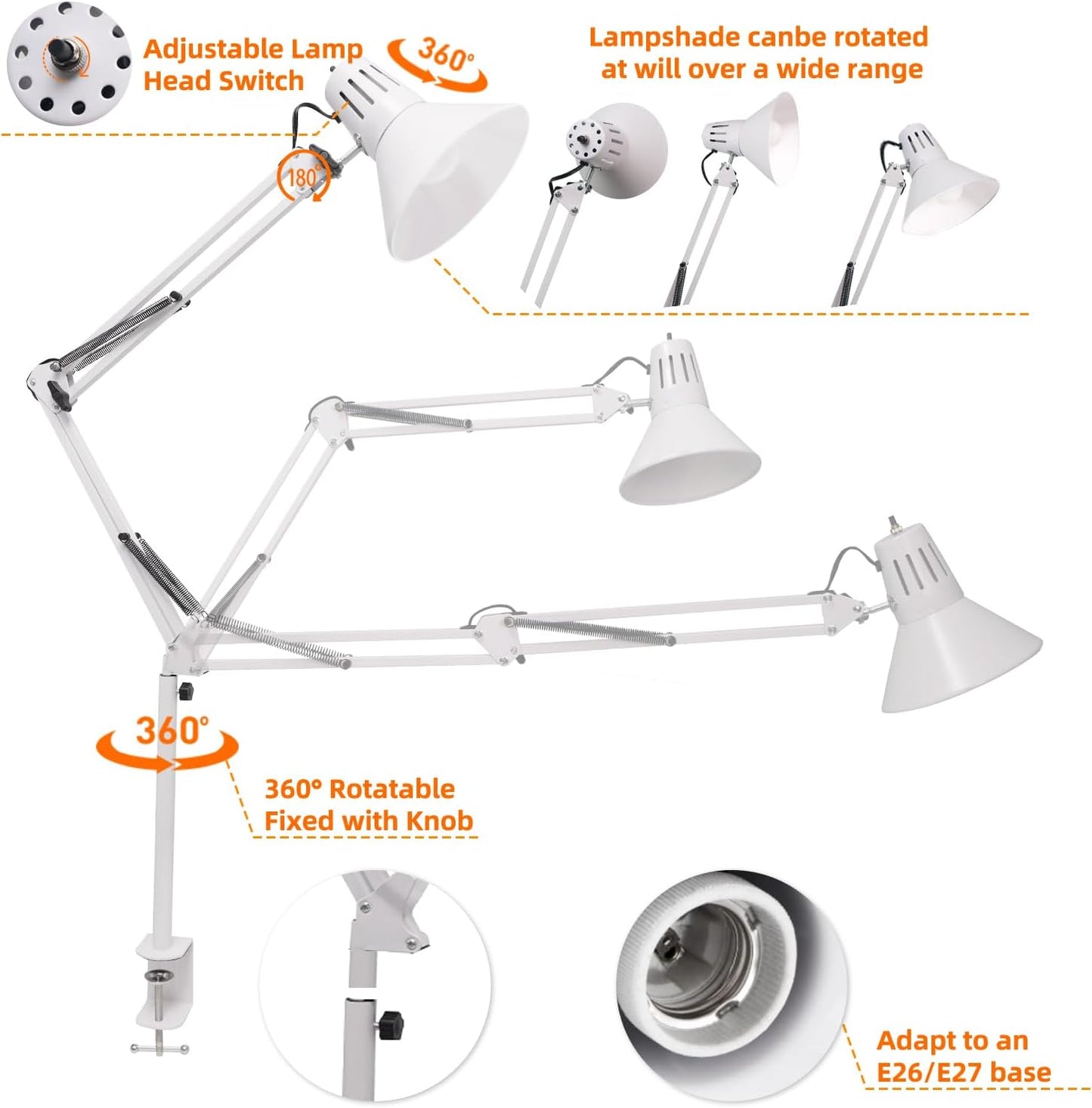 2 Pack LED Desk Lamp Dimmable with Clamp, Eye-Caring Clip on Lights for Home Office, 3 Adjustable Color Temperature, Extra Tall Metal Swing Arm, High Intensity Clamp w/A19 E26 Bulb for Working Reading