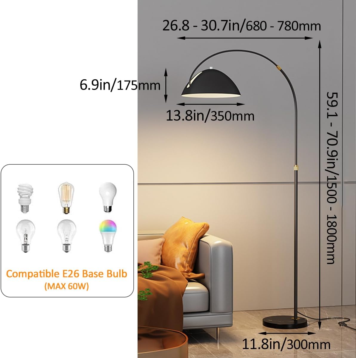 70.9" Modern Arc Floor Lamp Adjustable Height Standing Light with Dome Metal Shade Tall Corner Floor Lamps with Marble Base Over Couch Arched Reading Light for Living Room Hotel (Gold)