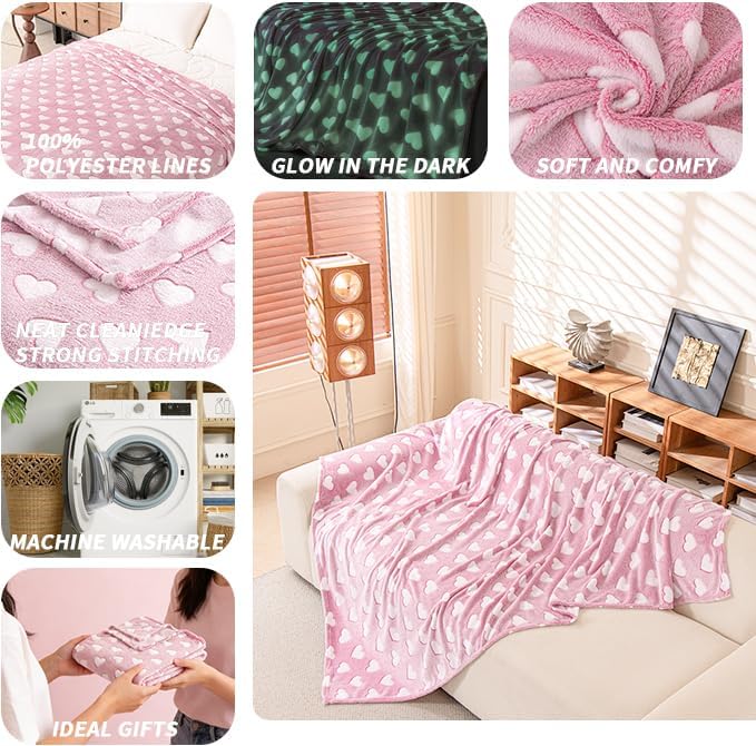 Glow in The Dark Throw Blanket, Soft Pink Heart Throw Blanket with Luminous Heart Pattern, Cozy Soft Blanket for Couch Sofa Bed, Cute Heart Design Blanket, All Season Use, 60 x 80 Inches