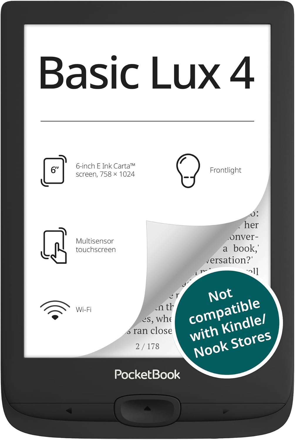 PocketBook Basic Lux 4 E-Book Reader - 6" Glare-Free HD E-Ink Display - Frontlight - Compact & Lightweight Ebooks Reader - Wi-Fi, Ergonomic Buttons - MicroSD Slot - Eye-Friendly Ereader