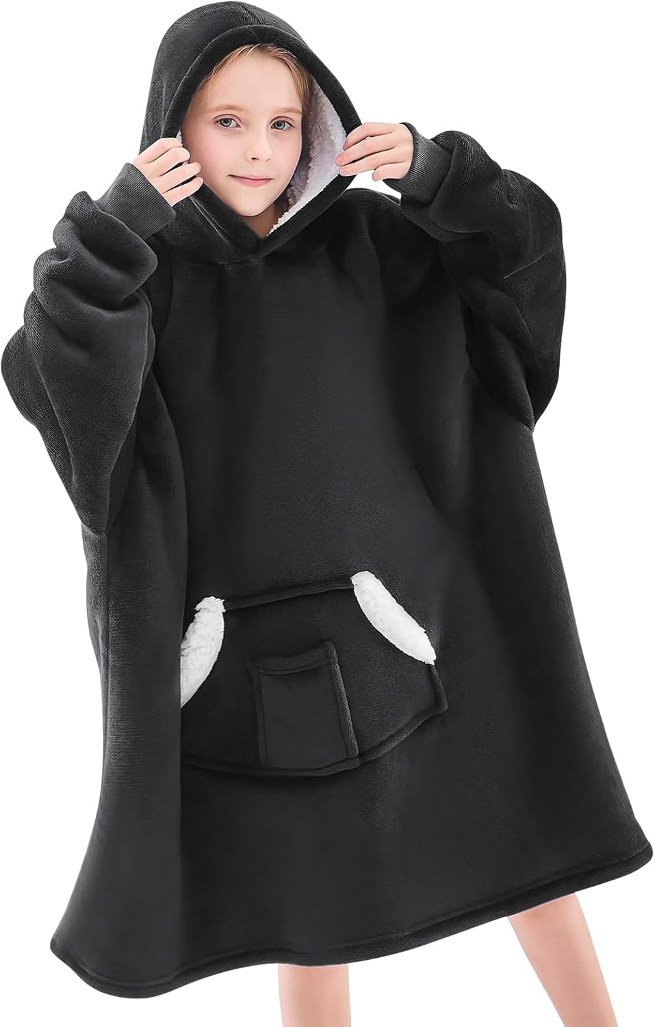 Wearable Blanket Hoodie for Kids & Teens 6-13 Year Old, Oversized Sherpa Fleece Sweatshirt with Pocket, Soft Cozy Hooded Blankets Christmas Birthday Gift for Boys and Girls, Black