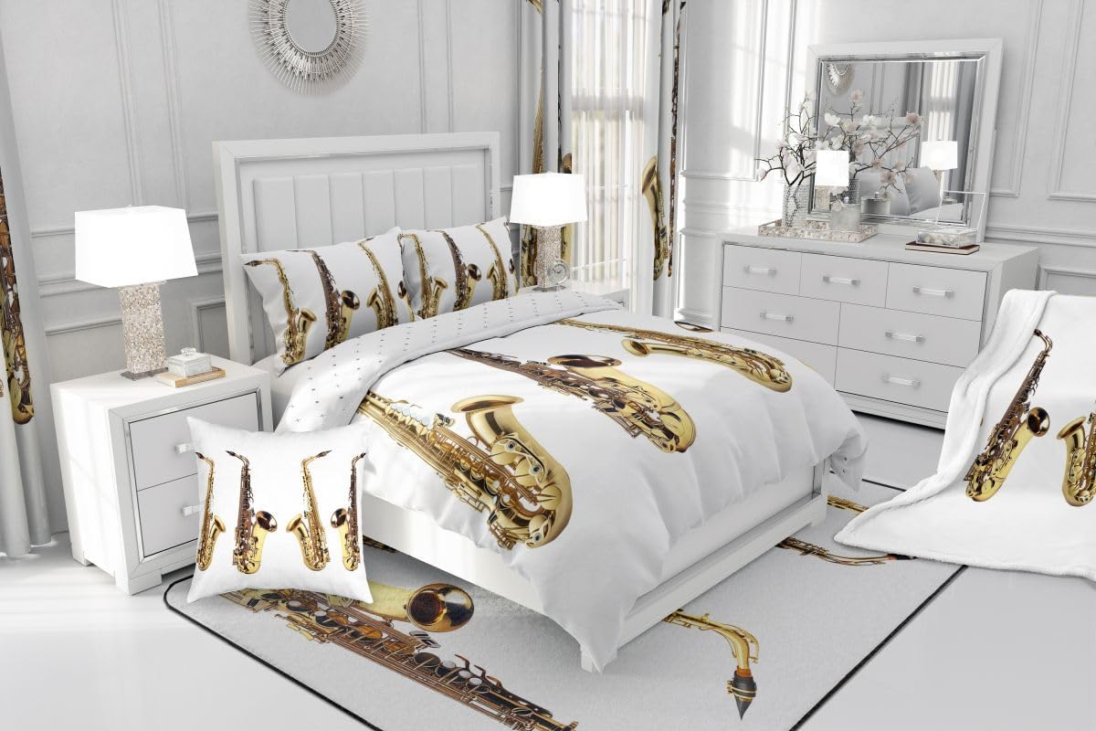 Feelyou Saxophone Print Fleece Sherpa Blanket Jazz Music Themed Throw Blanket for Chair Sofa Couch Adult Musical Pattern Plush Blanket Electric Sax Instruments Print Room Decor Blanket Twin 60"x80"