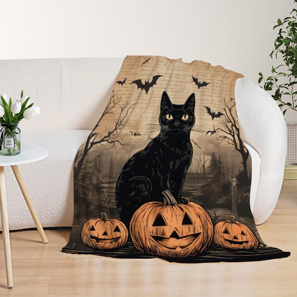 YeeJu Halloween Throw Blanket Vintage Pumpkin Cat Throw Blanket for Couch Sofa Bed Living Room Halloween Cozy Soft Lightweight Fuzzy Plush Fleece Blankets and Throws Decorative Blanket 50x60