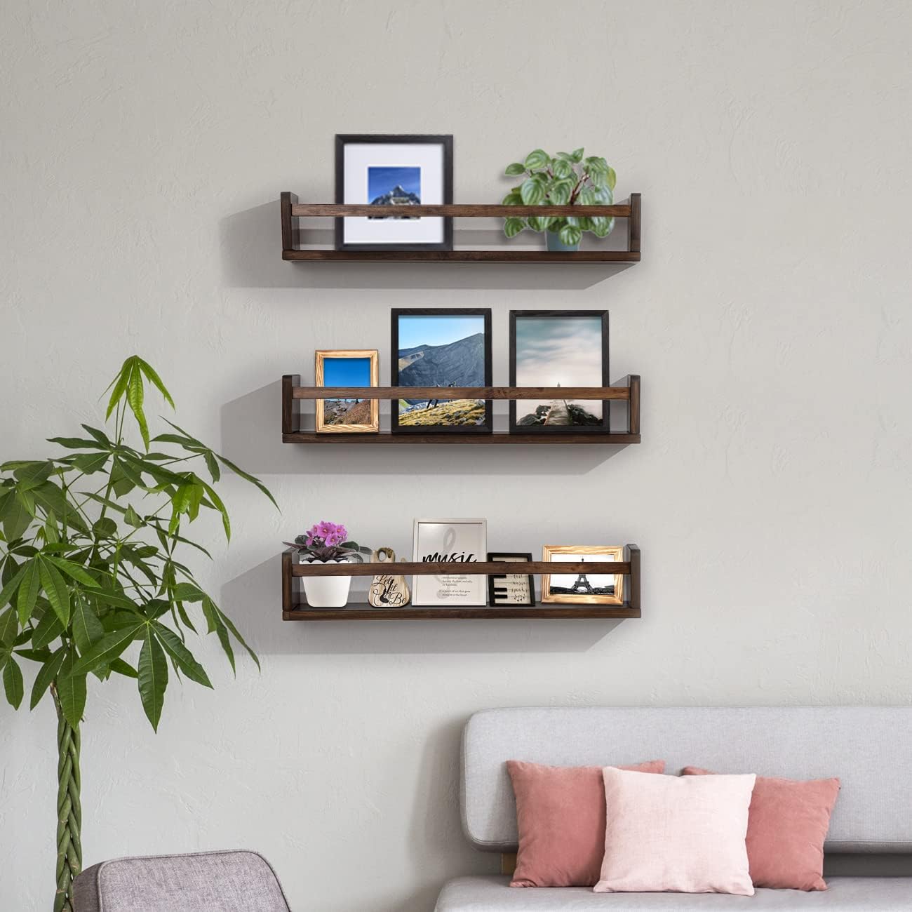 AZSKY Nursery Book Shelves 24 in Set of 3 Walnut Floating Bookshelf for Kids Room Wall Mounted Floating Shelves Solid Nursery Bookshelf Perfect Decor for Kitchen Bedroom Living Room