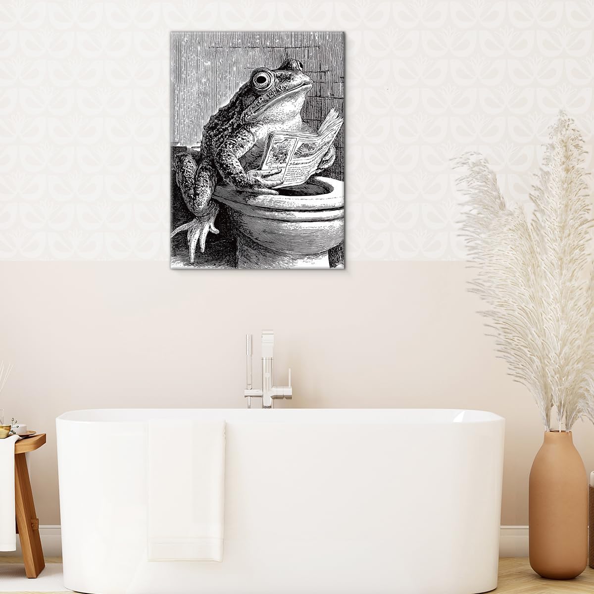 Funny Retro Toad Bathroom Wall Art Toad Reading Newspaper on Toilet Canvas Print Poster Funny Animal Bathroom Wall Decor 11x15 Inch Framed