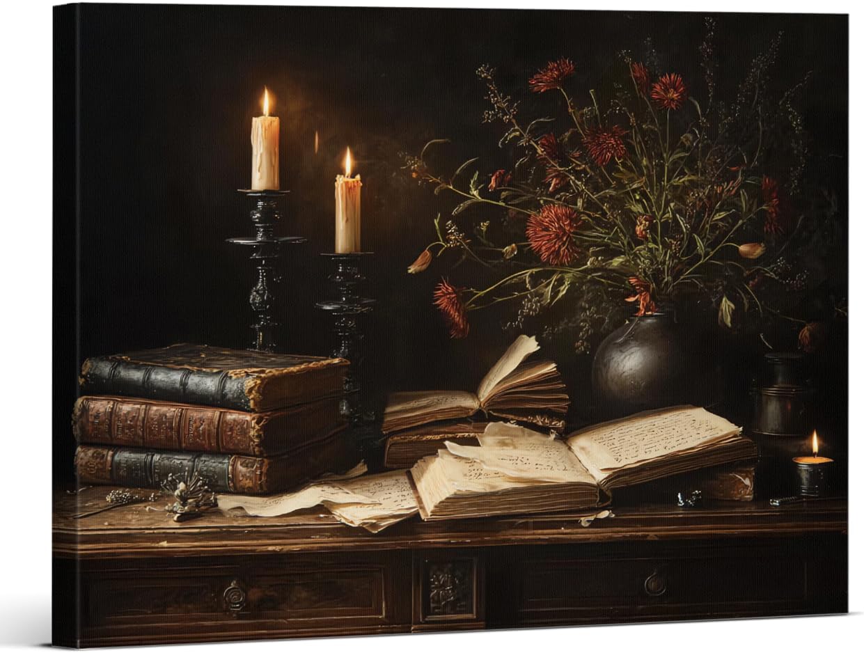 Vintage Gothic Book Wall Art Print - Dark Academia Bookish Canvas Poster Painting - Moody Wall Decor for Home Reading Nook Library 8x10 Inch Framed