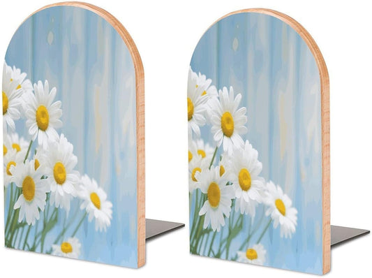 Non-Slip Bookend for Shelves Elegant Spring Daisy Flowers Wooden Bookends with Metal Base Decorative Book Stopper for Home Heavy Duty Wood Book Storage for Books/CDs