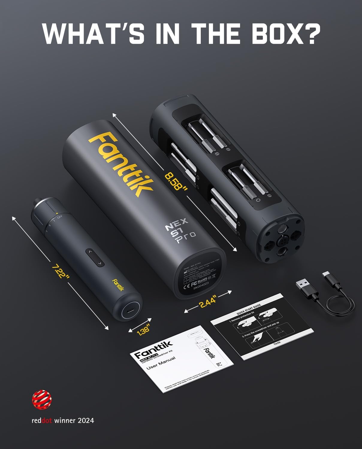 Fanttik S1 Pro Electric Screwdriver, Power Screwdriver with16 S2 Steel Bits, 3 Torque Settings, Max 6 N.m, 2000mAh Battery, LED Light & 1/4''Hex, Ideal Tool for Furniture & Gaming PC