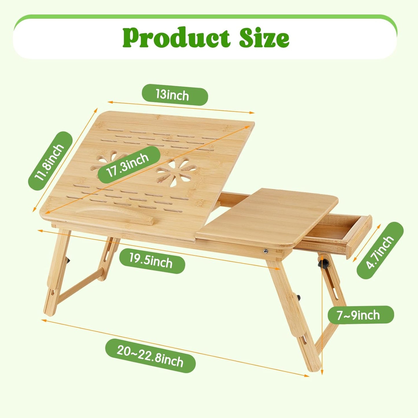 Bamboo Laptop Desk, Adjustable Foldable Bed Tray Table for Bed, Sofa, and Floor, Portable Lap Desk with Tilting Top & Drawer for Writing, Reading, Breakfast, Drawing, and Working