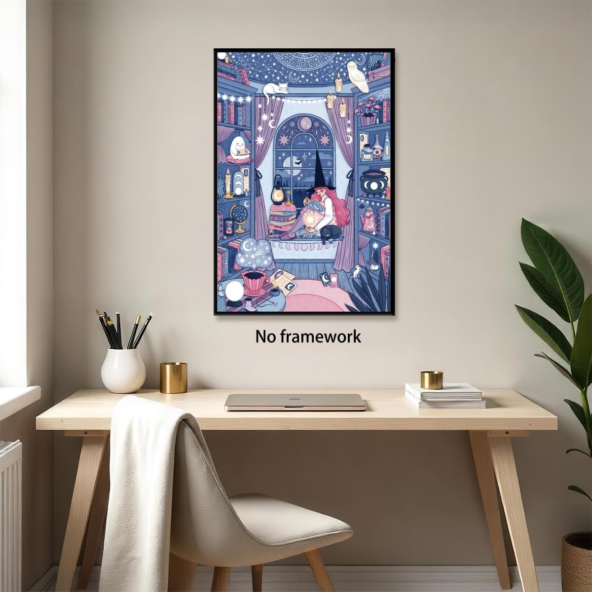 Funny Celestial Witch Room Canvas Print Halloween Wall Art Witchy Illustration Poster Magical Room Decor Astronomy Artwork Starry Sky Art Cozy Reading Nook For Bedroom 16x24inch Unframed