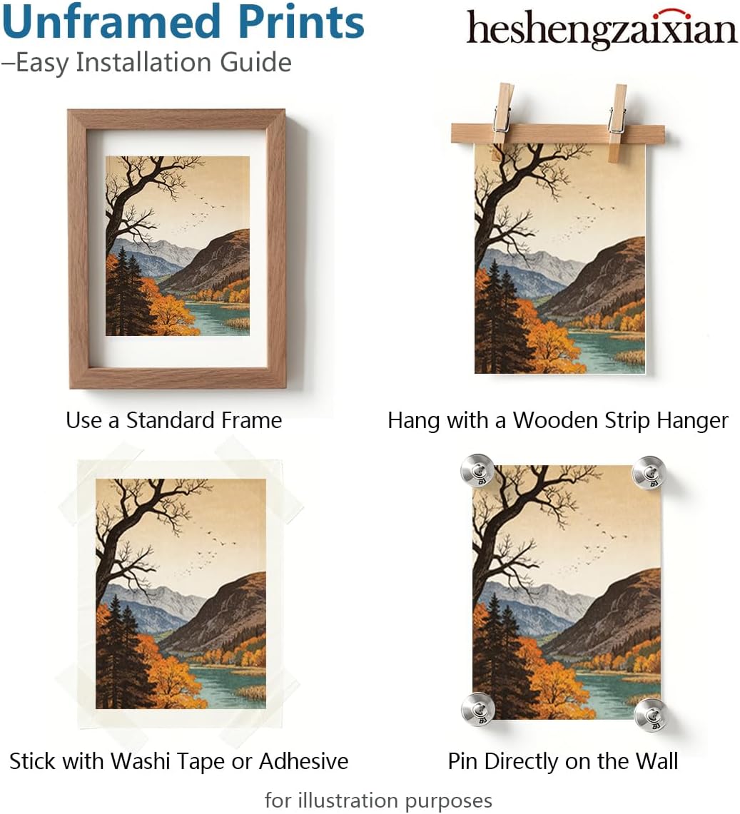 heshengzaixian Autumn Mountain Lake Landscape Prints, Vintage Japanese Woodblock Style Wall Art Poster, Nature Forest Scene Decor Canvas Artwork for Home Office, Nature Lover Gift,8x10 In Unframed