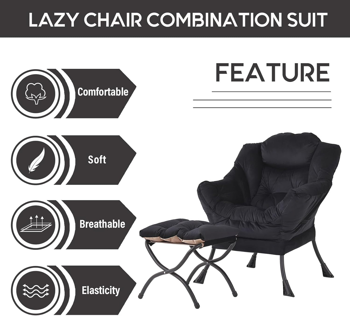 LITA Lazy Chair with Ottoman, Modern Accent Leisure Upholstered Sofa Chair, Contemporary Lounge Reading Chairs with Armrests and a Side Pocket for Living Room, Bedroom & Small Space, Black