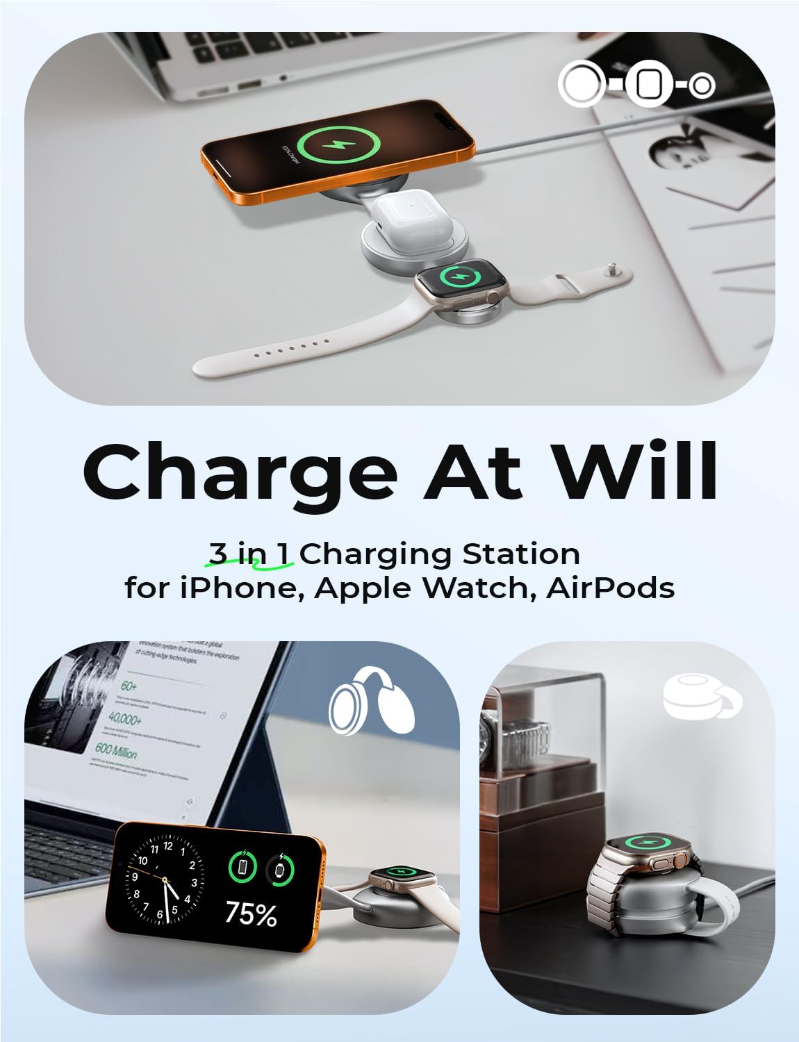 LISEN 15W Qi2 MagSafe Charger, Portable 3 in 1 Charging Station Apple Wireless Charger iPhone and Watch Charging Station, Magnetic Phone Charger iPhone Airpods Apple Watch Charger Fast Charging