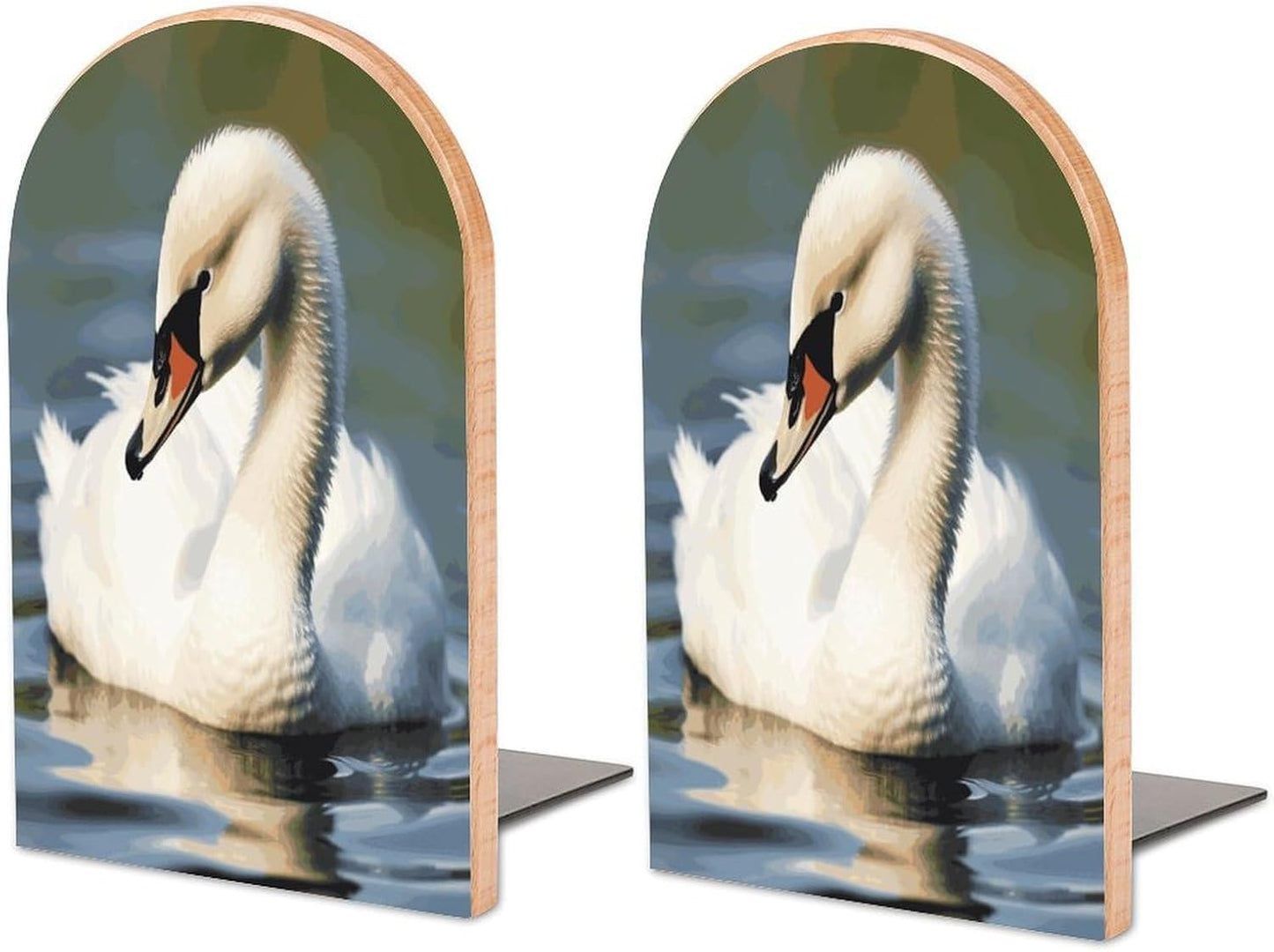 Non-Slip Bookend for Shelves Cute Little Swan Wooden Bookends with Metal Base Decorative Book Stopper for Home Heavy Duty Wood Book Storage for Books/CDs