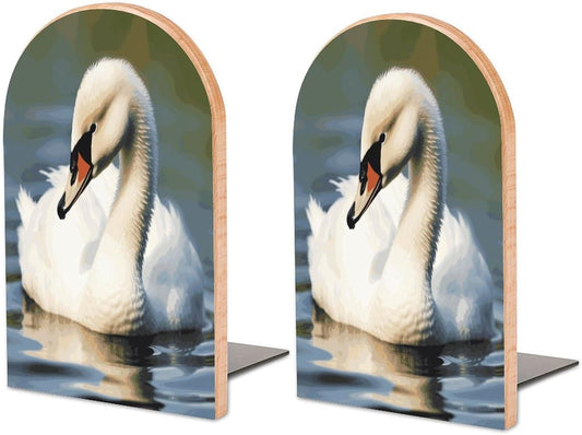 Non-Slip Bookend for Shelves Cute Little Swan Wooden Bookends with Metal Base Decorative Book Stopper for Home Heavy Duty Wood Book Storage for Books/CDs