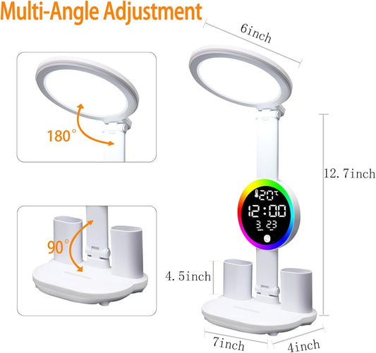 Led Desk Lamp, Desk Lamp with Usb Charging Port, Dimmable 3 Colorful Lights, Adjustable Folding with Clock Date, Pen & Phone Holder, Temperature, Home Office Bedroom Reading Study Work (White)