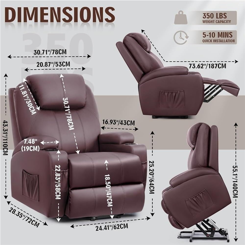 Genuine Leather Electric Lift Chair Recliner Ergonomic Lumbar Support Heat Massage Adjustable Single Theater Sofa Chairs for Elderly Comfort Seating Bedroom