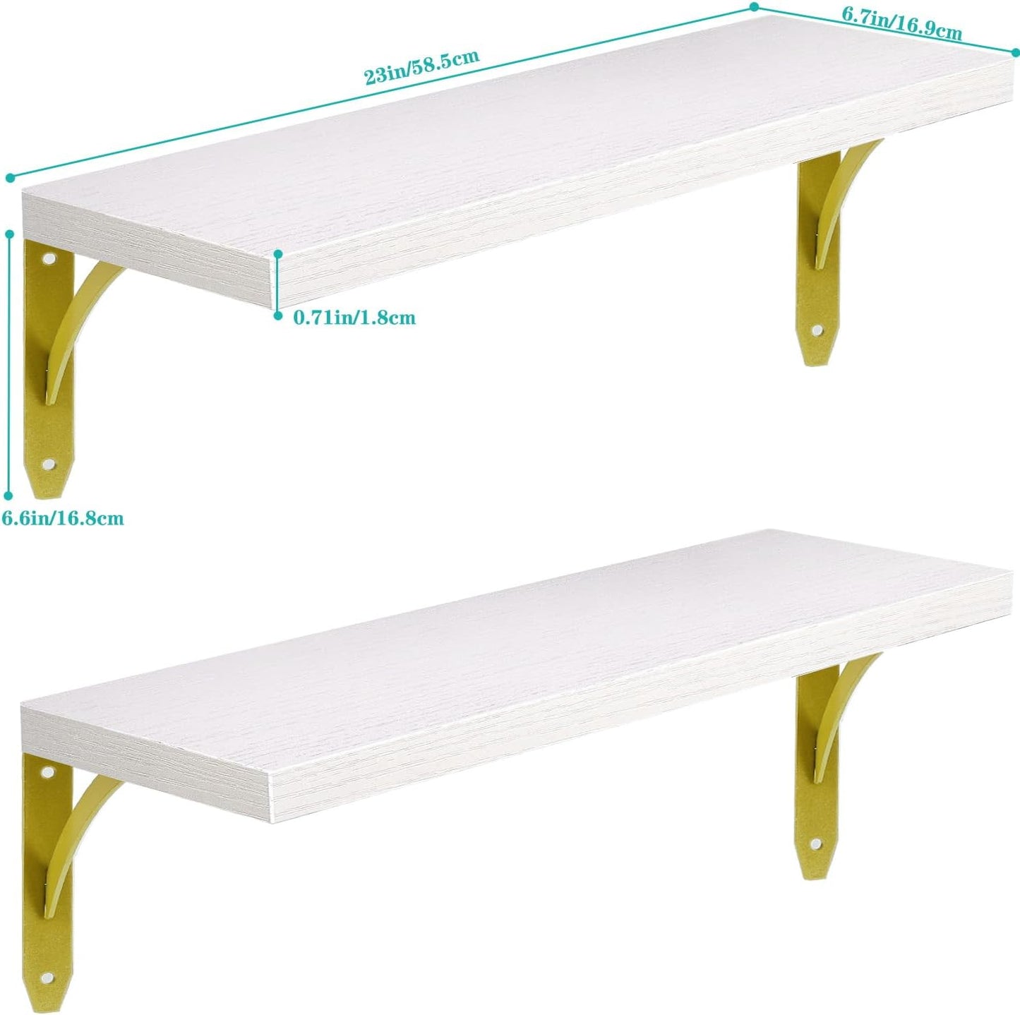 White and Gold Shelves for Wall 23 in - 0.71in Thick Engineered Wood with Solid Pine Core,Heavy Duty Water-Resistant White Gold Wall Shelf for Bathroom,Living Room Set of 2