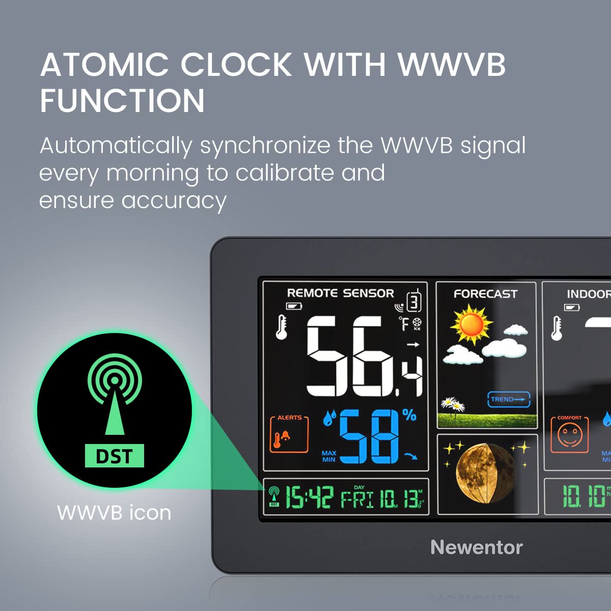 Newentor Weather Station Wireless Indoor Outdoor Thermometer, Color Display Digital Weather Thermometer with Atomic Clock, Barometric Pressure, Forecast Station with Adjustable Backlight, Black