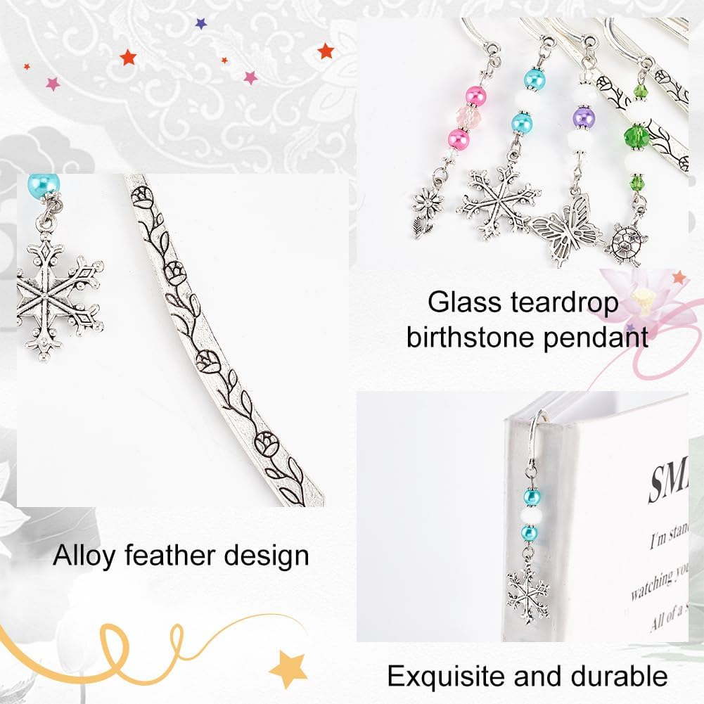 OLYCRAFT 4Pcs Hook Alloy Bookmarks Glass Beaded Bookmark Antique Silver Metal Bookmarks Vintage Bookmark with Butterfly/Flower/Tortoise/Snowflake Pendant for Book Lovers - About 6.5 inch