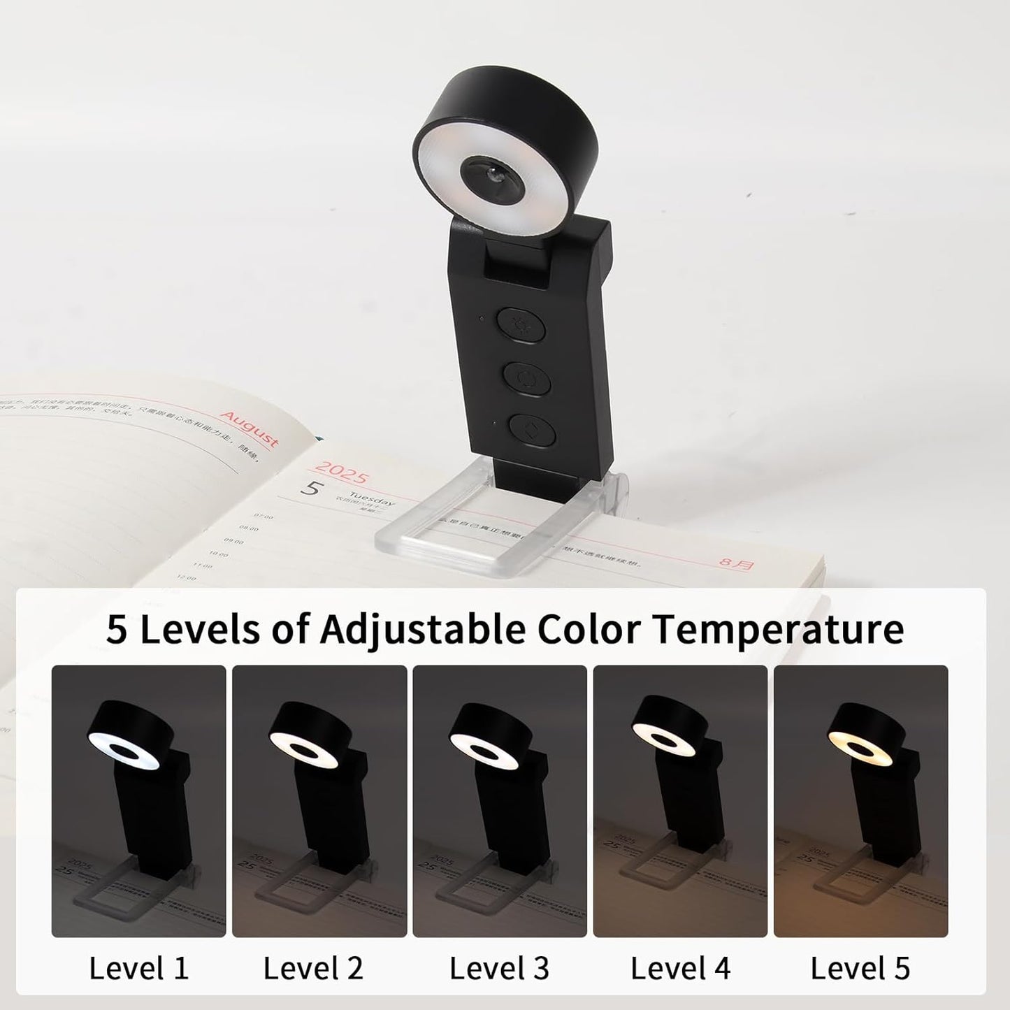 Book Light,USB Rechargeable Clip-On Reading Light,30 Adjustable Modes,Eye-Caring,Flashlight with Timer, Perfect for Book Lovers/Travel(Black, Round)