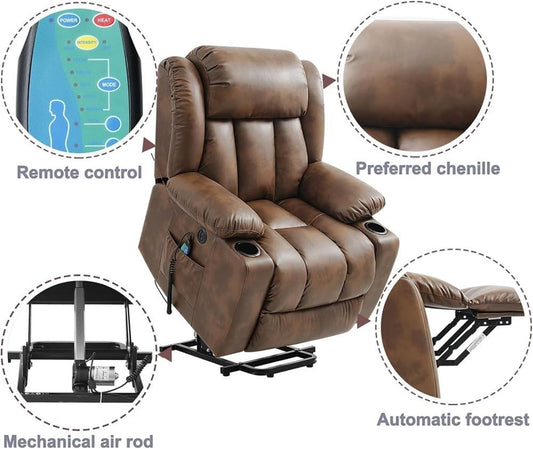 Power Lift Recliner Chair for Elderly, Breathable Leather Electric Stand Up Recliner with Vibration Massage & Lumbar Heat, USB Ports & 2 Cup Holders, Brown