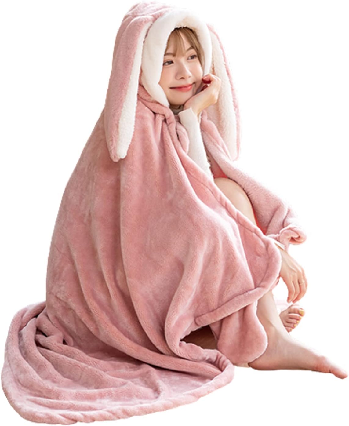 Holiberty Womens Hooded Throw Blanket Cute Buuny Ears Cozy Flannel Pockets Shawl Wrap Warm Cape Oversized Wearable Blanket