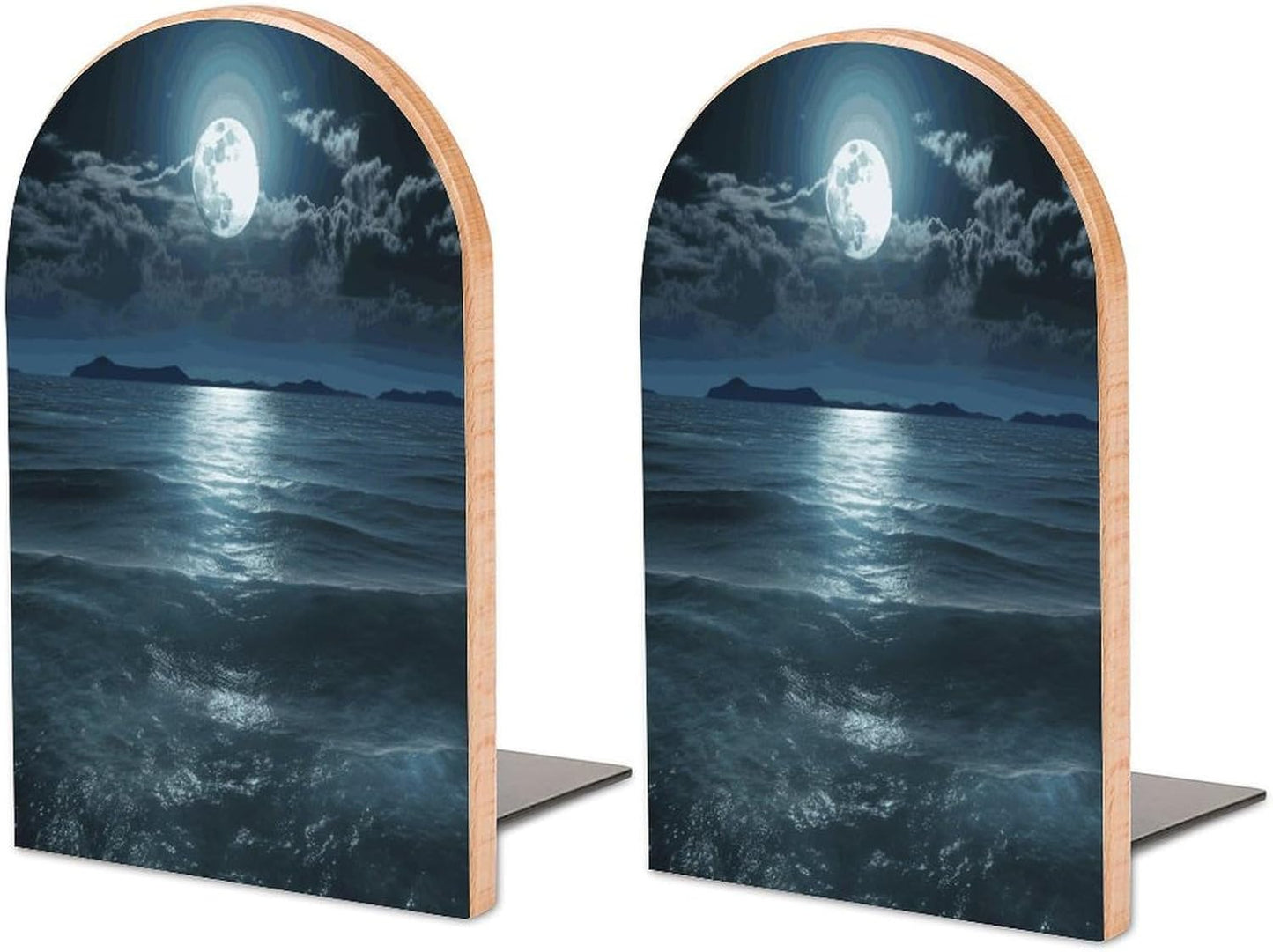 Moon and Sea Bookend for Shelves Wooden Book End Large Size Sturdy Book Holders Stoppers with Metal Base for Bookshelves Slick Decorative Bookends Stands
