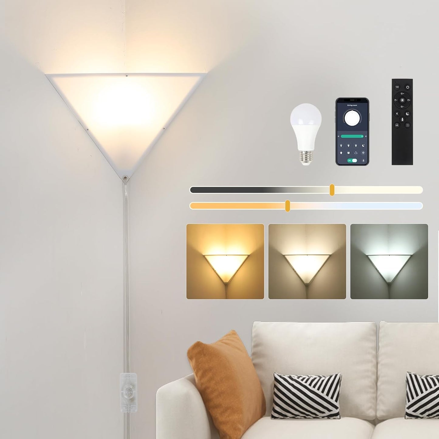 Dimmable Corner Lamp with Remote & Smart Bulb, Plug in Ceiling Light with Cord, Led Corner Lights for Living Room Bedroom Basement Office, Room-Saving Wall Light, Safe for Kids & Pets Design