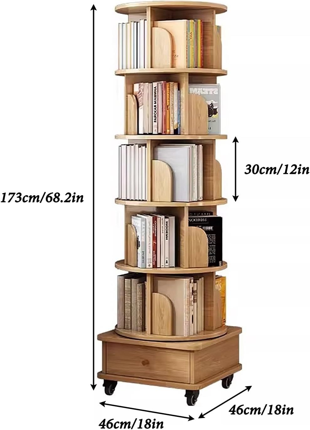 5 Tier Rotating Bookshelf 360 Display With Wheels Spinning Bookshelf Tower For Adult Floor Standing Bookcase Dtorage Rack With Drawer Circular Bookshelf Rotating For Living Room Study Room Office