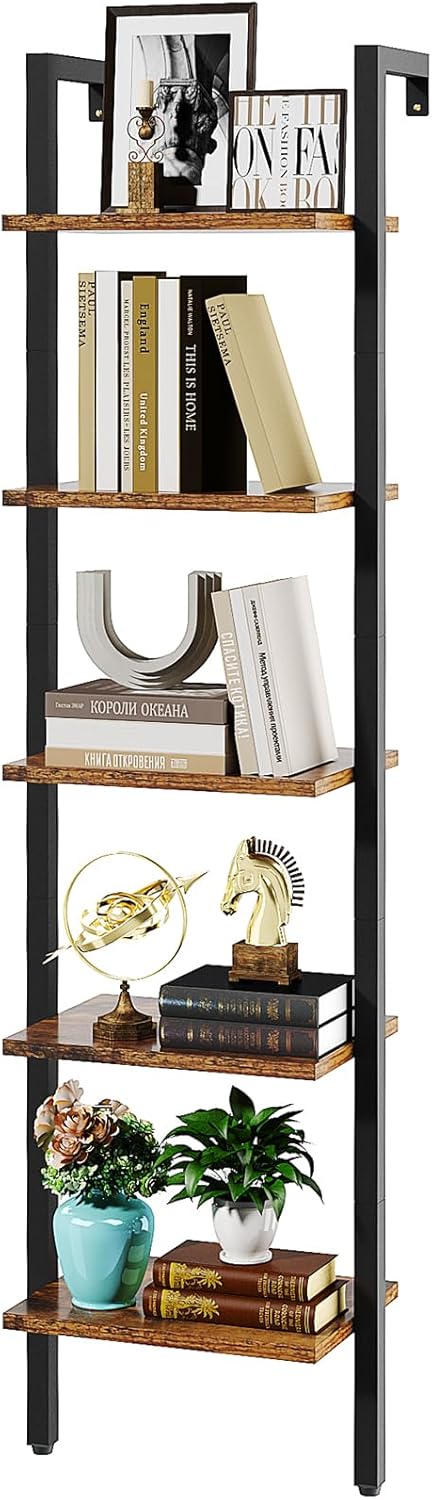 YMYNY 5 Tiers Ladder Bookcase, Industrial Wall Mounted Bookshelf, Open Display Rack with Metal Frame, Wooden Storage Shelves for Bedroom, Home Office, Plant Stand, Rustic Brown, 70*17.3*11.8"UHBC015H