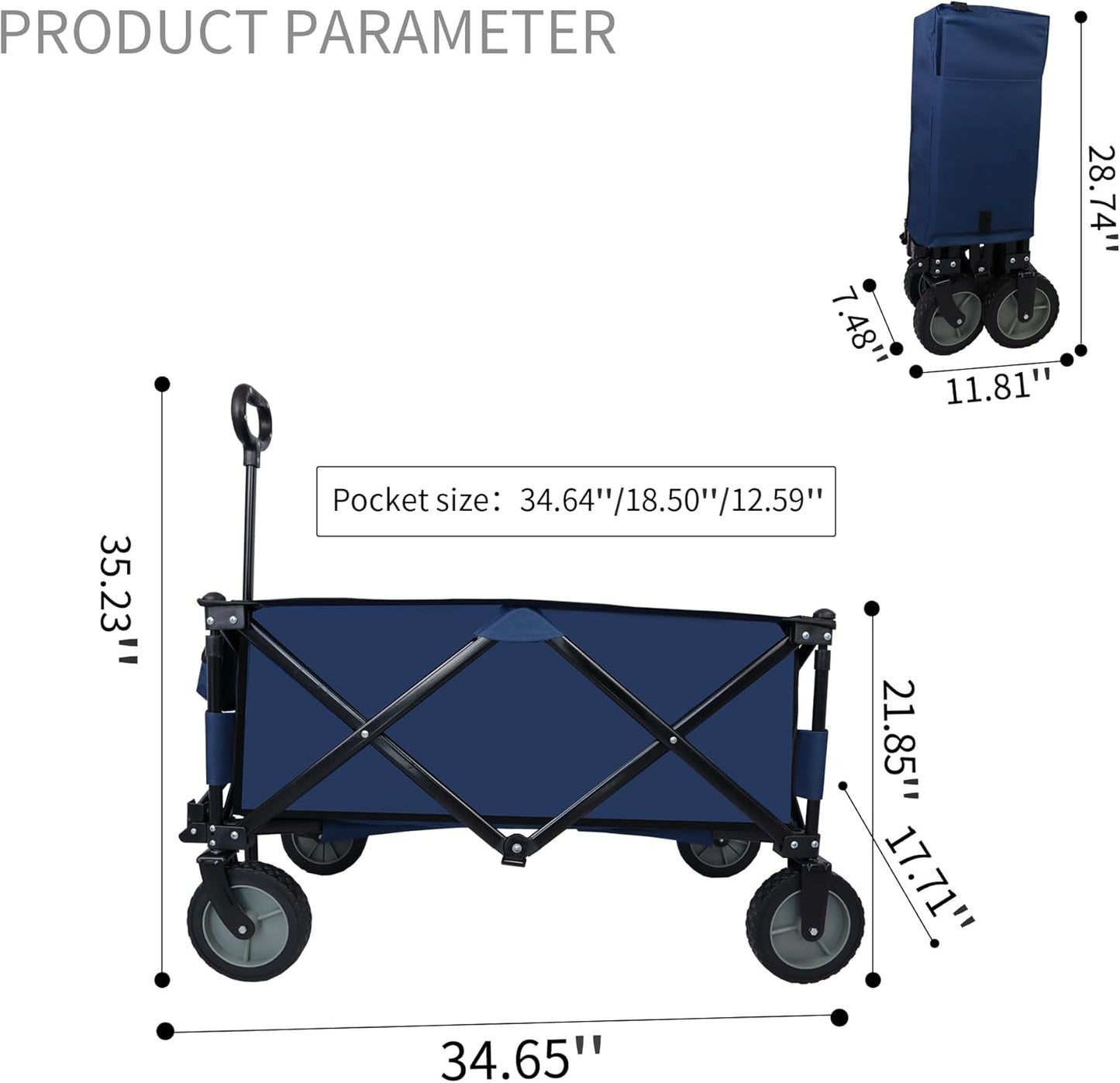 Heavy Duty Garden Cart with 7" 360°Rotation Tires Adjustable Handle 225LBS Weight Capacity Collapsible Foldable Wagon Cart F