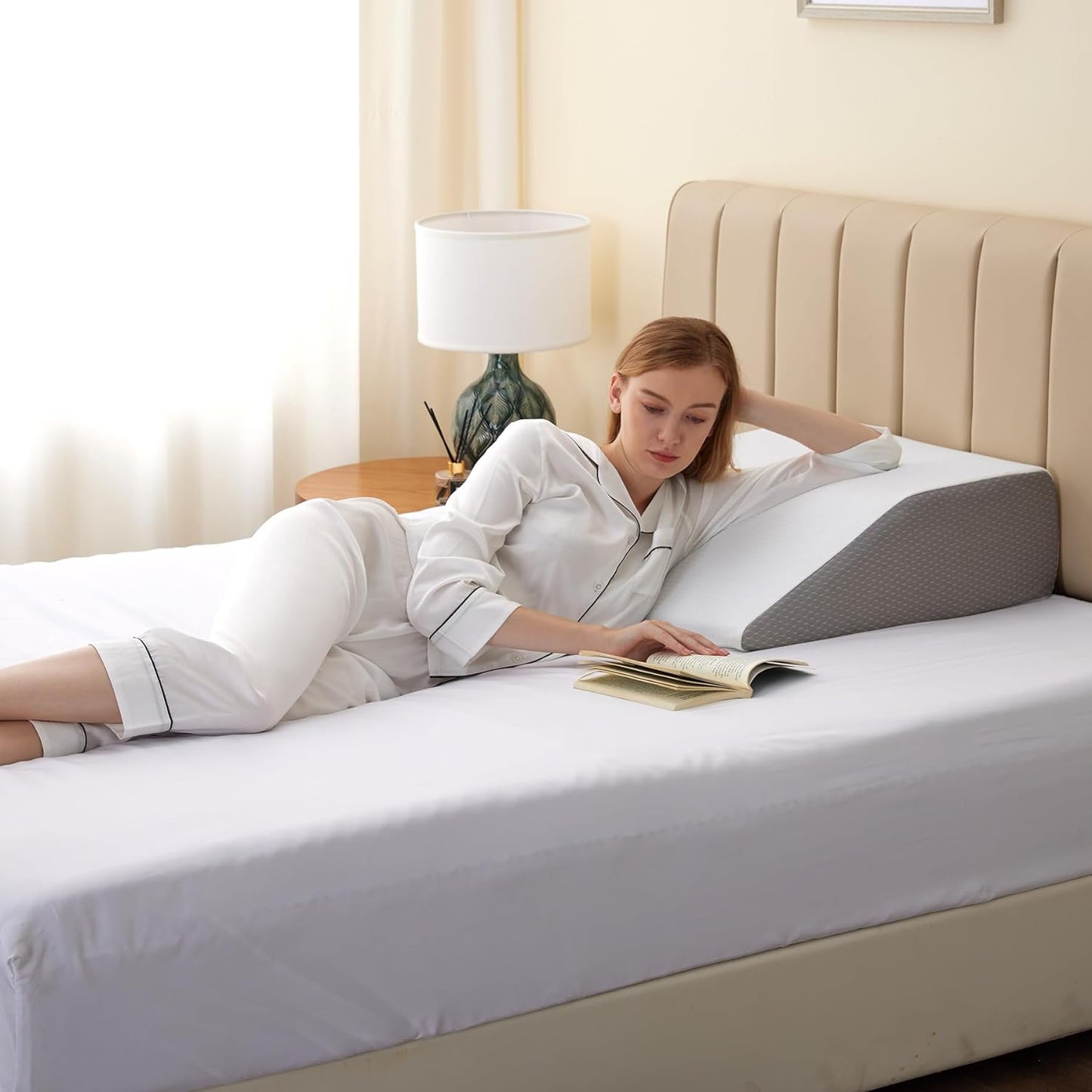 Bedluxe Leg Pillow Elevation Blood Circulation, Wedge Pillow for Legs Swelling, Leg Elevating Wedge Pillow for After Surgery, Foot Knee Pillow for Leg Rest, Sleeping, Memory Foam Top, 8in, White/Grey