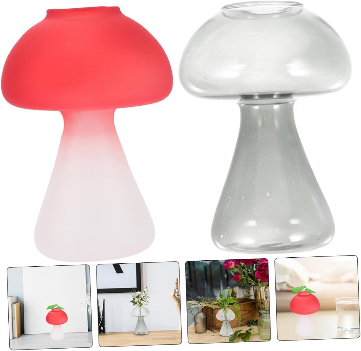 2pcs Mushroom Shaped Glass Flower Vases, Colored Frosted Red and Gray Hydroponic Bud Containers for Home Decor and Table Centerpiece